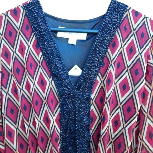 Badgley Mischka Mod Ikat Sheer Kimono Sleeve Beaded V-neck Cinched Top Red Sz L - Picture 7 of 16